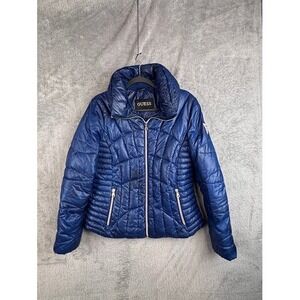 Guess Women's‎ Puffer Jacket Quilted Coat Full Zip Blue Medium